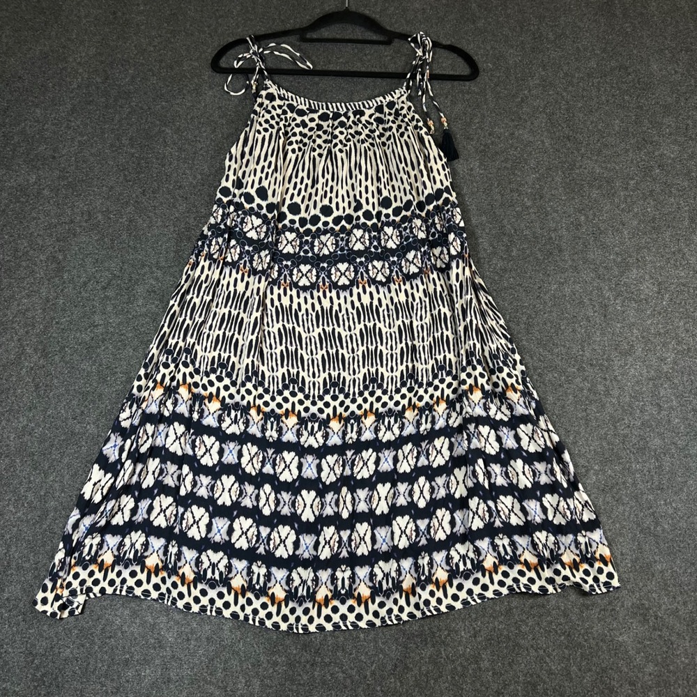 Star Mela Womens Blue Cream Ikat Print Tassel Tie Shoulder High Low Dress Large